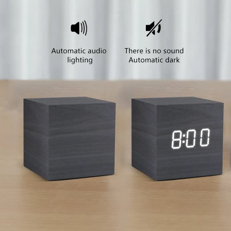 Alarm Clock LED Wooden Watch Table