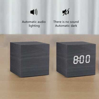 Alarm Clock LED Wooden Watch Table