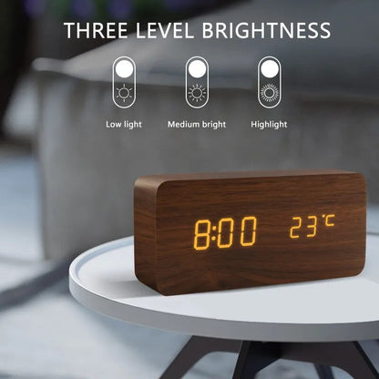Alarm Clock LED Wooden Watch Table