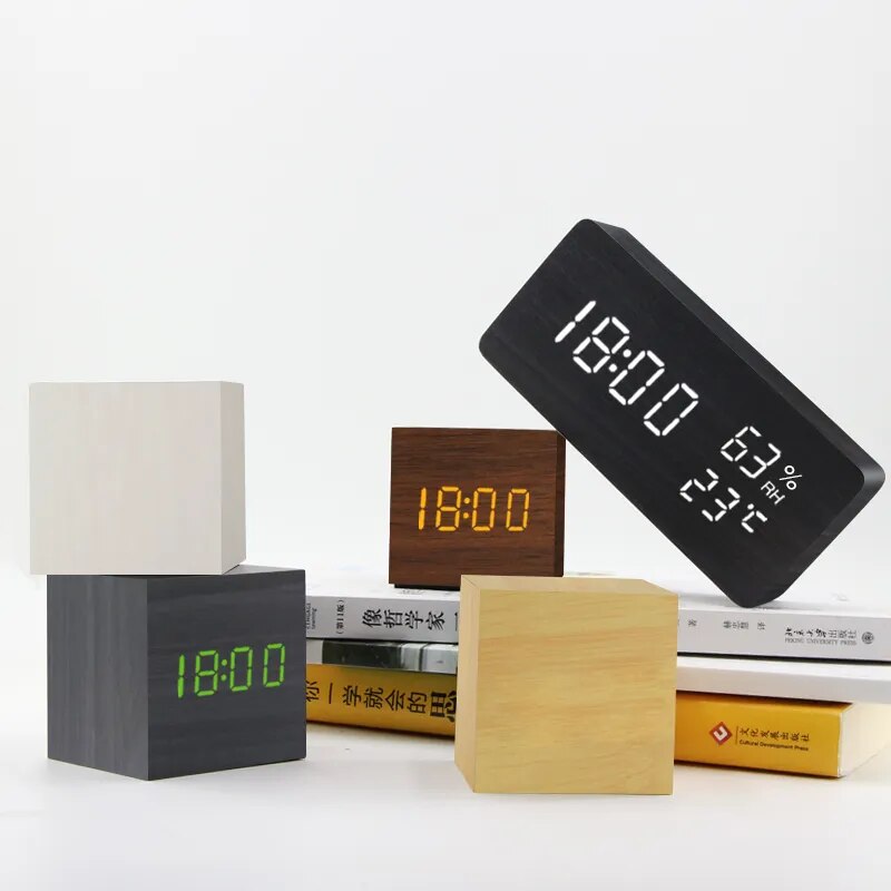 Alarm Clock LED Wooden Watch Table