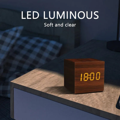 Alarm Clock LED Wooden Watch Table