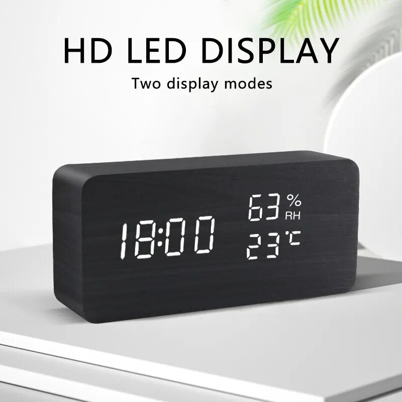 Alarm Clock LED Wooden Watch Table