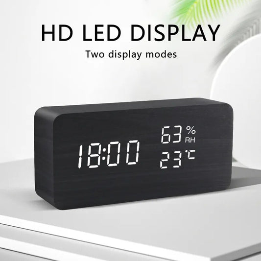 Alarm Clock LED Wooden Watch Table